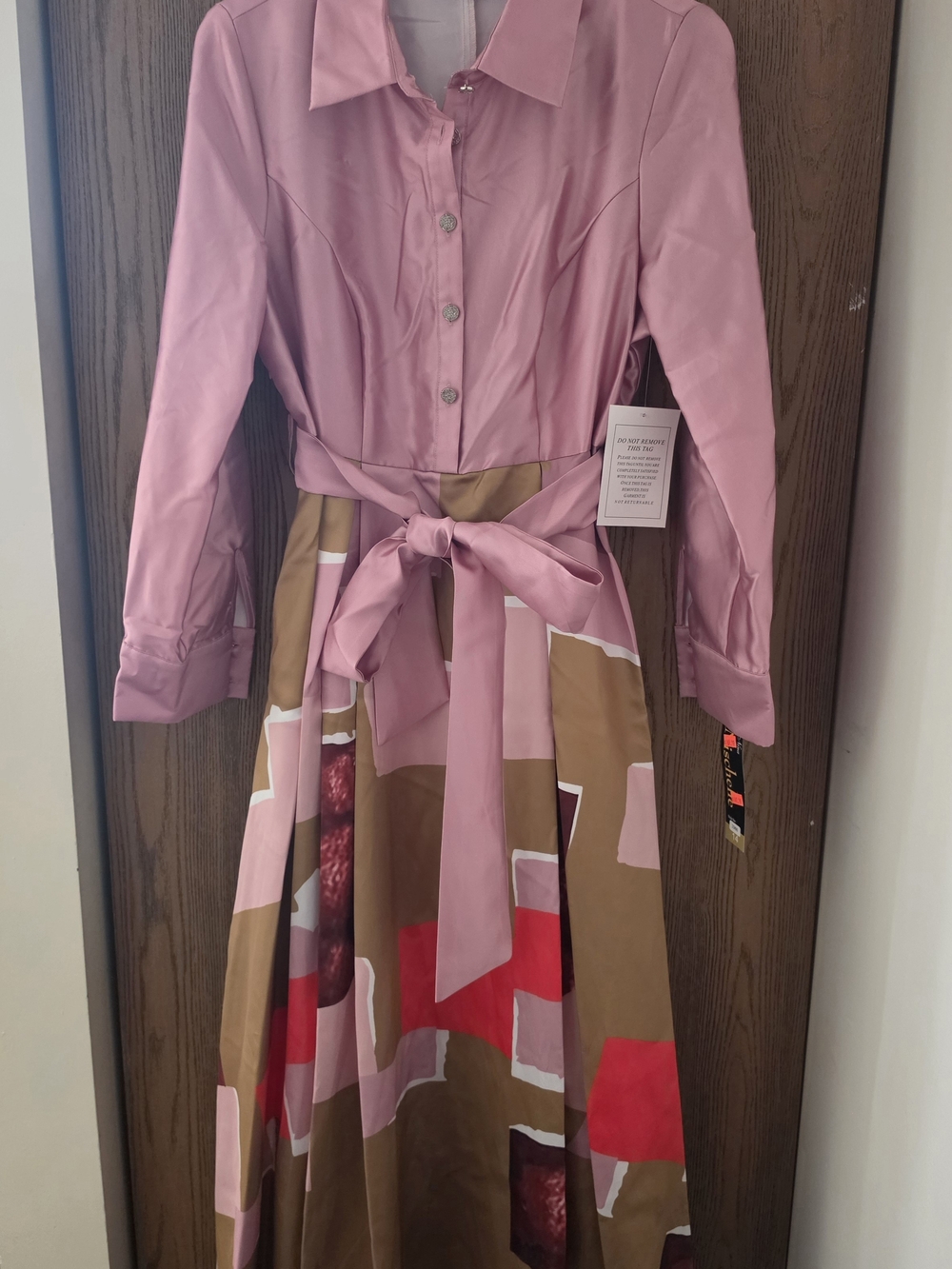 Pink Long Sleeve Belted Shirt Dress with Geo-Print Skirt
